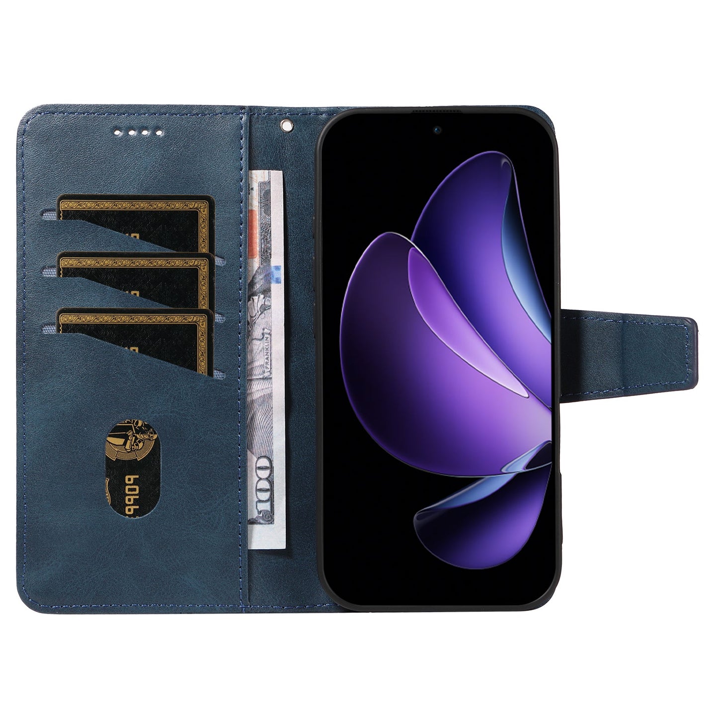 For Oppo Reno13 F 4G / Oppo Reno13 F 5G Leather Case Wallet Stand Grids Imprinted Phone Cover with Strap - Blue