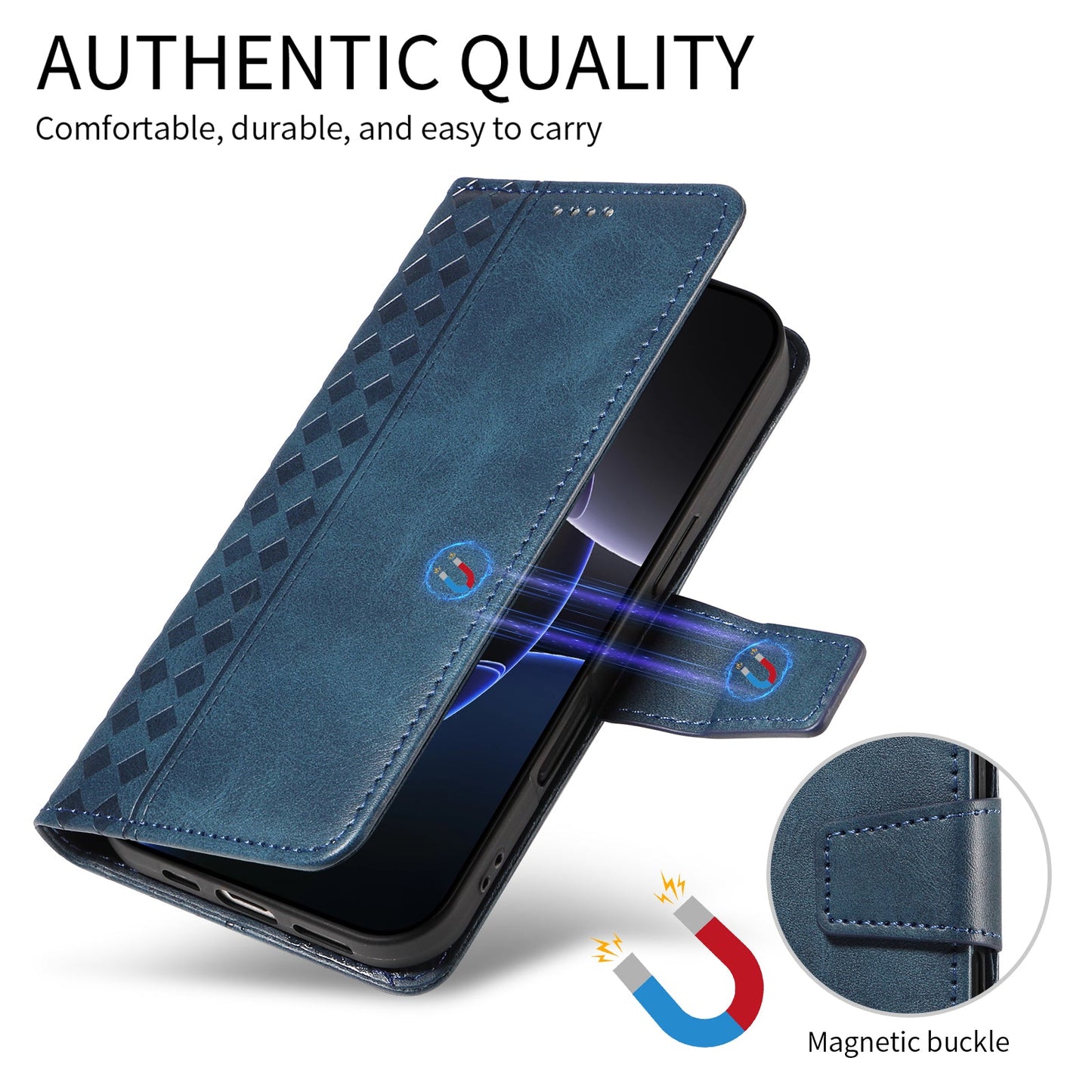 For Oppo Reno13 F 4G / Oppo Reno13 F 5G Leather Case Wallet Stand Grids Imprinted Phone Cover with Strap - Blue