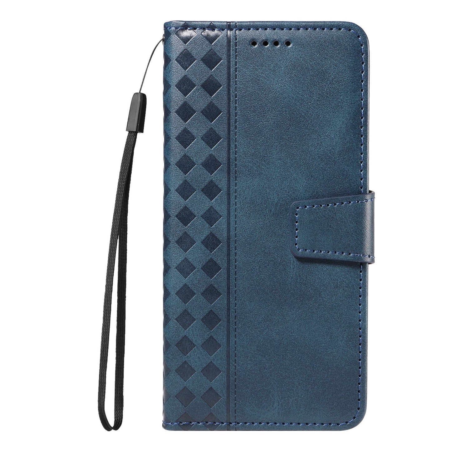 For Oppo Reno13 F 4G / Oppo Reno13 F 5G Leather Case Wallet Stand Grids Imprinted Phone Cover with Strap - Blue