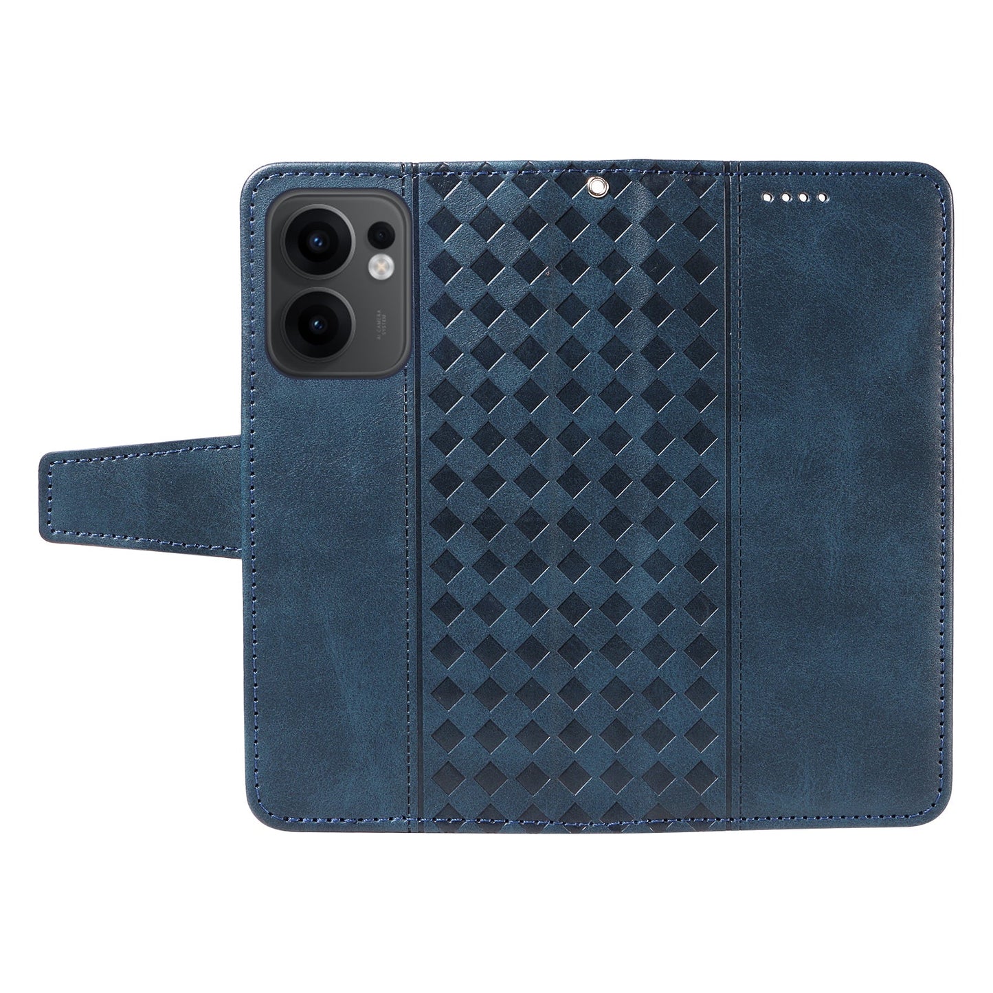 For Oppo Reno13 F 4G / Oppo Reno13 F 5G Leather Case Wallet Stand Grids Imprinted Phone Cover with Strap - Blue