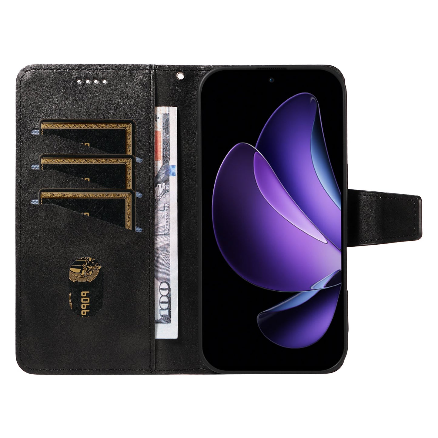 For Oppo Reno13 F 4G / Oppo Reno13 F 5G Leather Case Wallet Stand Grids Imprinted Phone Cover with Strap - Black