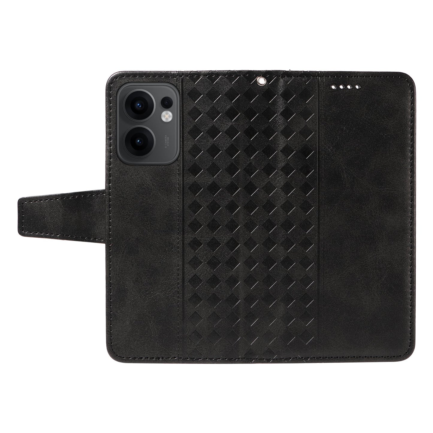 For Oppo Reno13 F 4G / Oppo Reno13 F 5G Leather Case Wallet Stand Grids Imprinted Phone Cover with Strap - Black