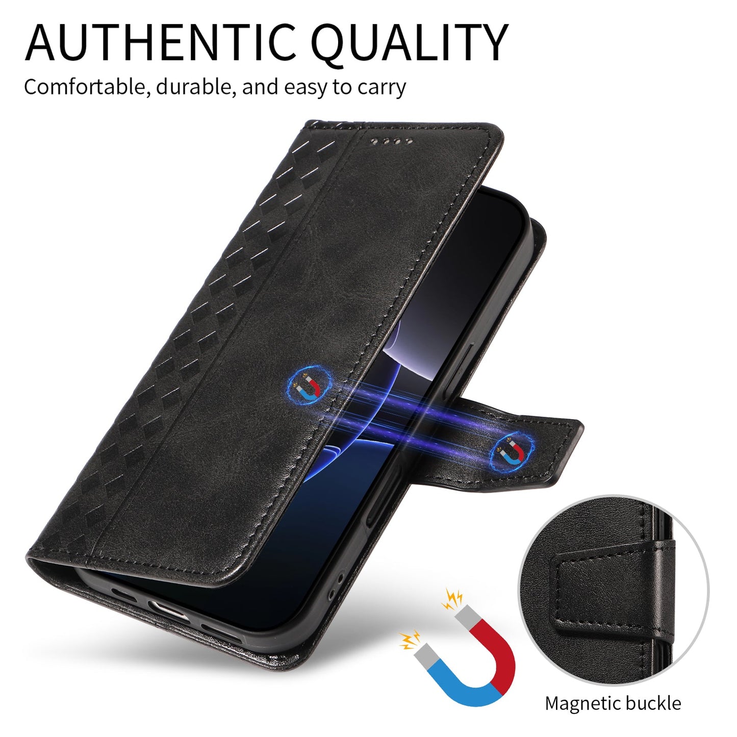 For Oppo Reno13 F 4G / Oppo Reno13 F 5G Leather Case Wallet Stand Grids Imprinted Phone Cover with Strap - Black