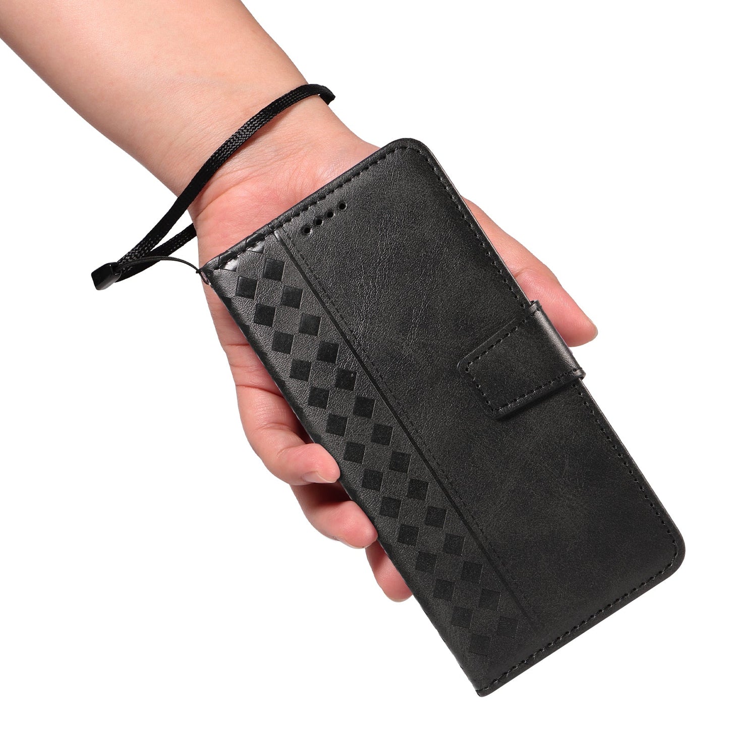 For Oppo Reno13 F 4G / Oppo Reno13 F 5G Leather Case Wallet Stand Grids Imprinted Phone Cover with Strap - Black