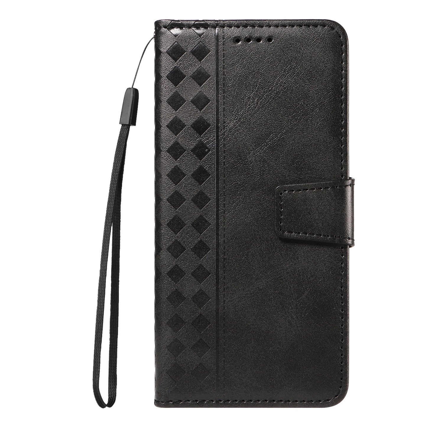 For Oppo Reno13 F 4G / Oppo Reno13 F 5G Leather Case Wallet Stand Grids Imprinted Phone Cover with Strap - Black