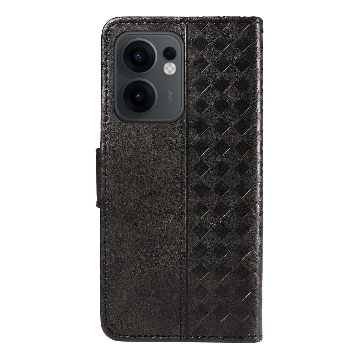 For Oppo Reno13 F 4G / Oppo Reno13 F 5G Leather Case Wallet Stand Grids Imprinted Phone Cover with Strap - Black