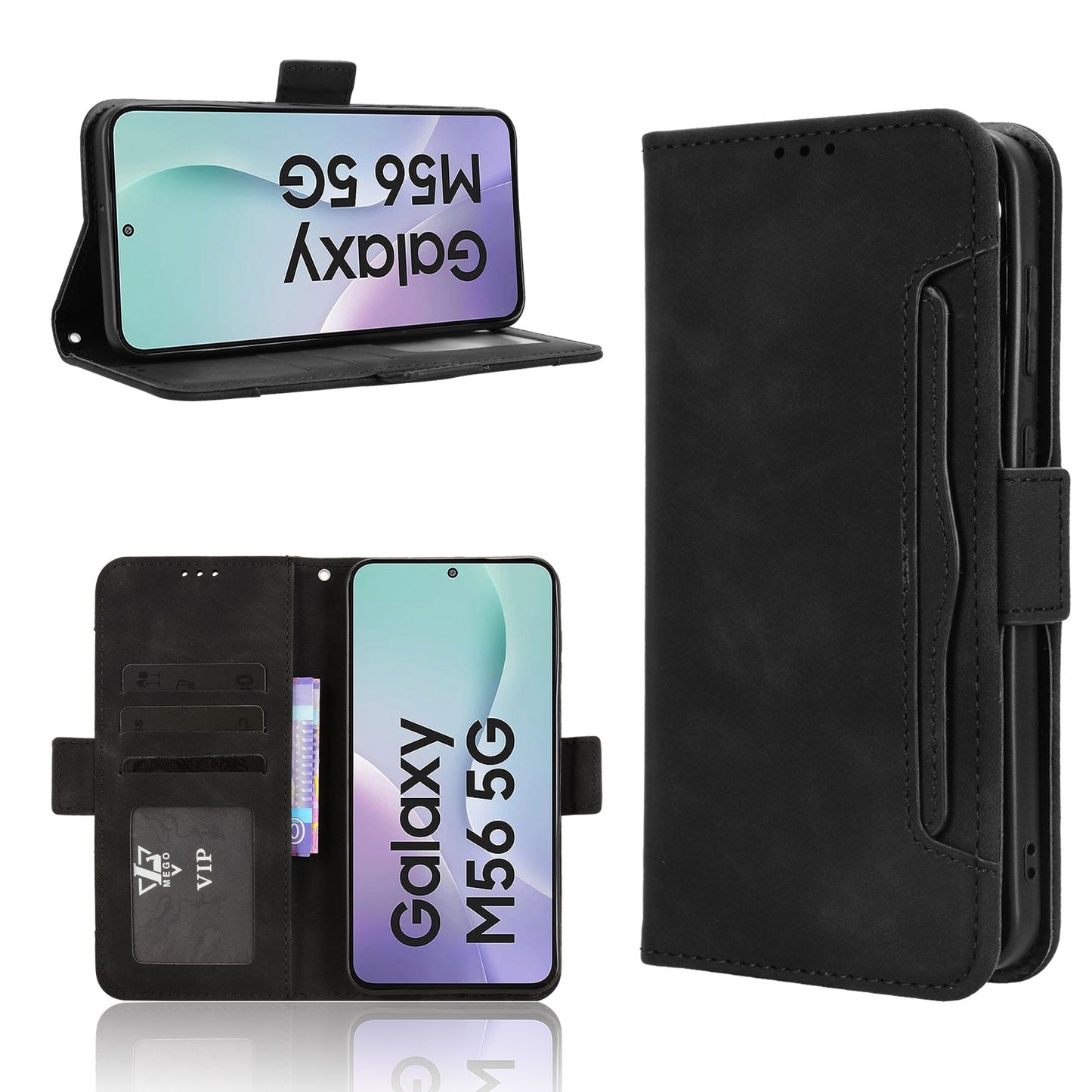 For Samsung Galaxy M56 5G Leather Case Phone Wallet Cover with Multiple Card Slots - Black