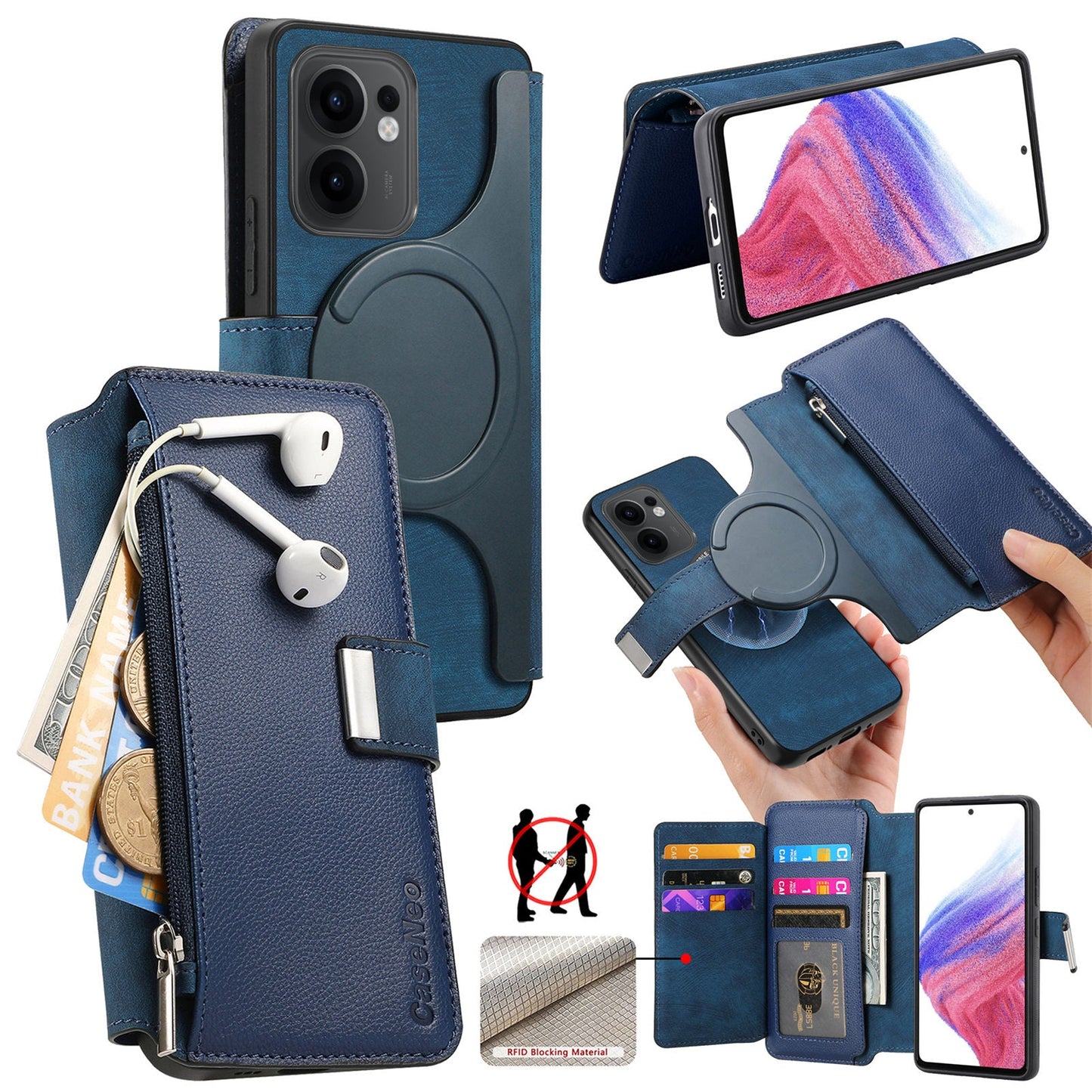 For Oppo Reno13 F 5G Case CASENEO MW-02 Detachable Magnetic Leather Flip Phone Cover - Dark Blue
