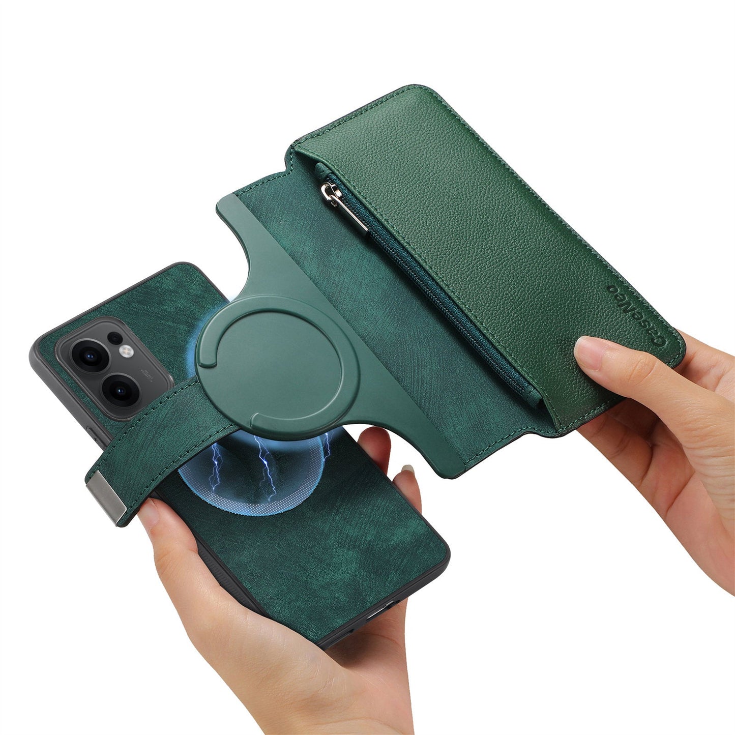 For Oppo Reno13 F 5G Case CASENEO MW-02 Detachable Magnetic Leather Flip Phone Cover - Green
