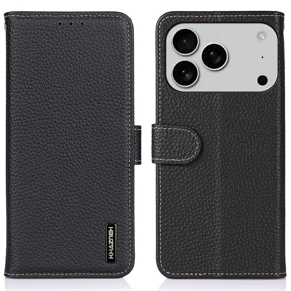 KHAZNEH For iPhone 17 Pro Max Case Litchi Texture Genuine Cow Leather Flip Phone Cover - Black