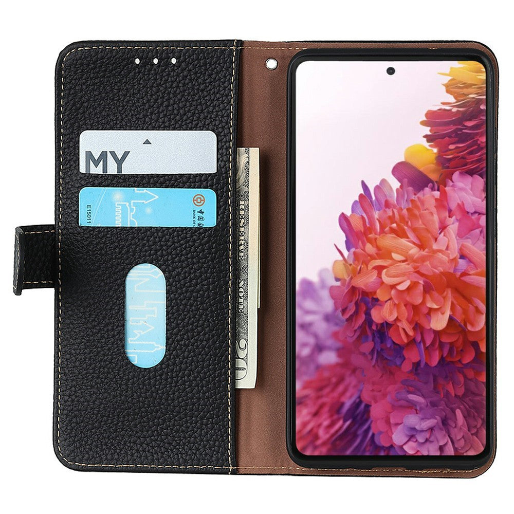 KHAZNEH For iPhone 17 Pro Max Case Litchi Texture Genuine Cow Leather Flip Phone Cover - Black