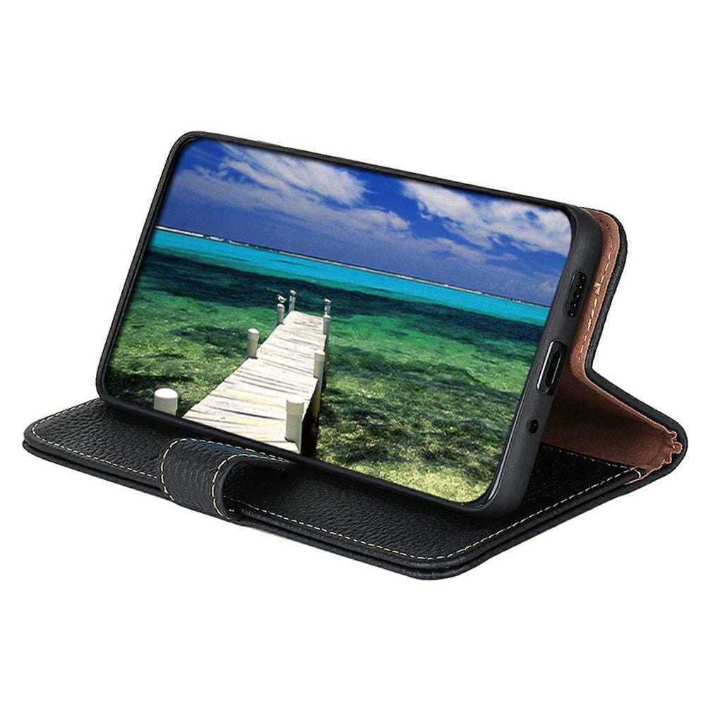 KHAZNEH For iPhone 17 Pro Max Case Litchi Texture Genuine Cow Leather Flip Phone Cover - Black