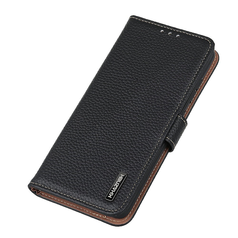 KHAZNEH For iPhone 17 Pro Max Case Litchi Texture Genuine Cow Leather Flip Phone Cover - Black