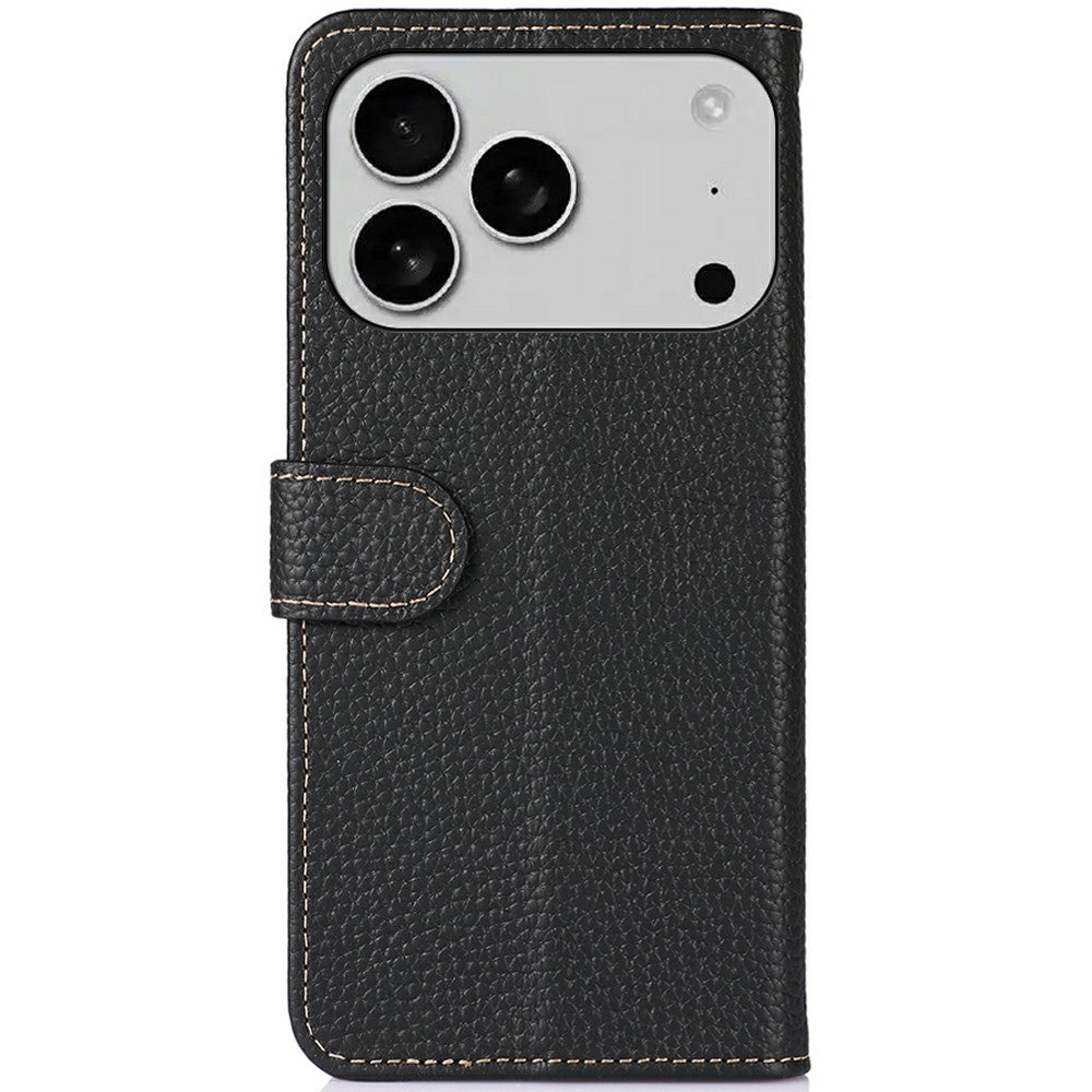 KHAZNEH For iPhone 17 Pro Max Case Litchi Texture Genuine Cow Leather Flip Phone Cover - Black