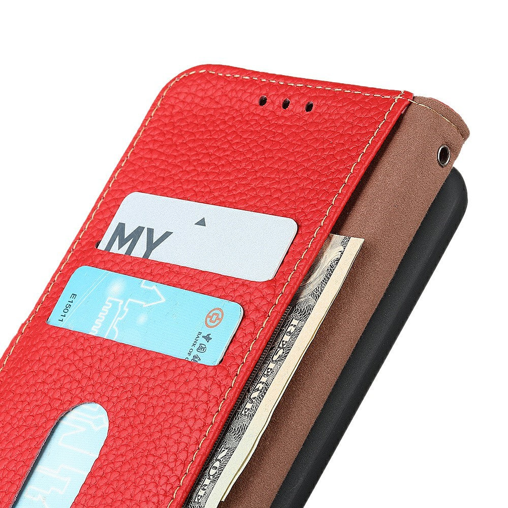 KHAZNEH For iPhone 17 Pro Max Case Litchi Texture Genuine Cow Leather Flip Phone Cover - Red
