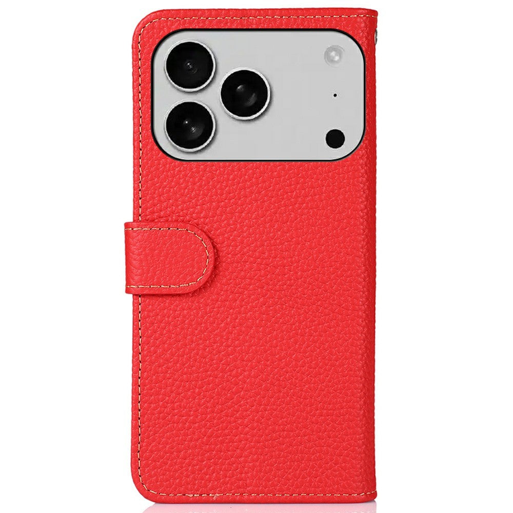 KHAZNEH For iPhone 17 Pro Max Case Litchi Texture Genuine Cow Leather Flip Phone Cover - Red
