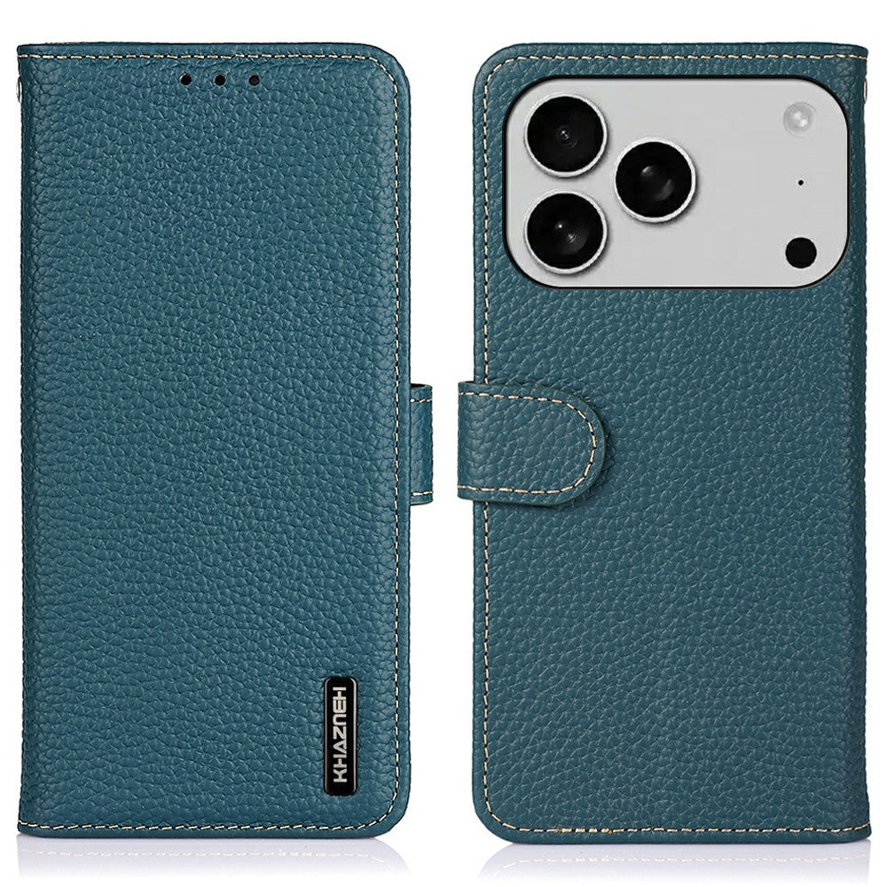 KHAZNEH For iPhone 17 Pro Max Case Litchi Texture Genuine Cow Leather Flip Phone Cover - Green