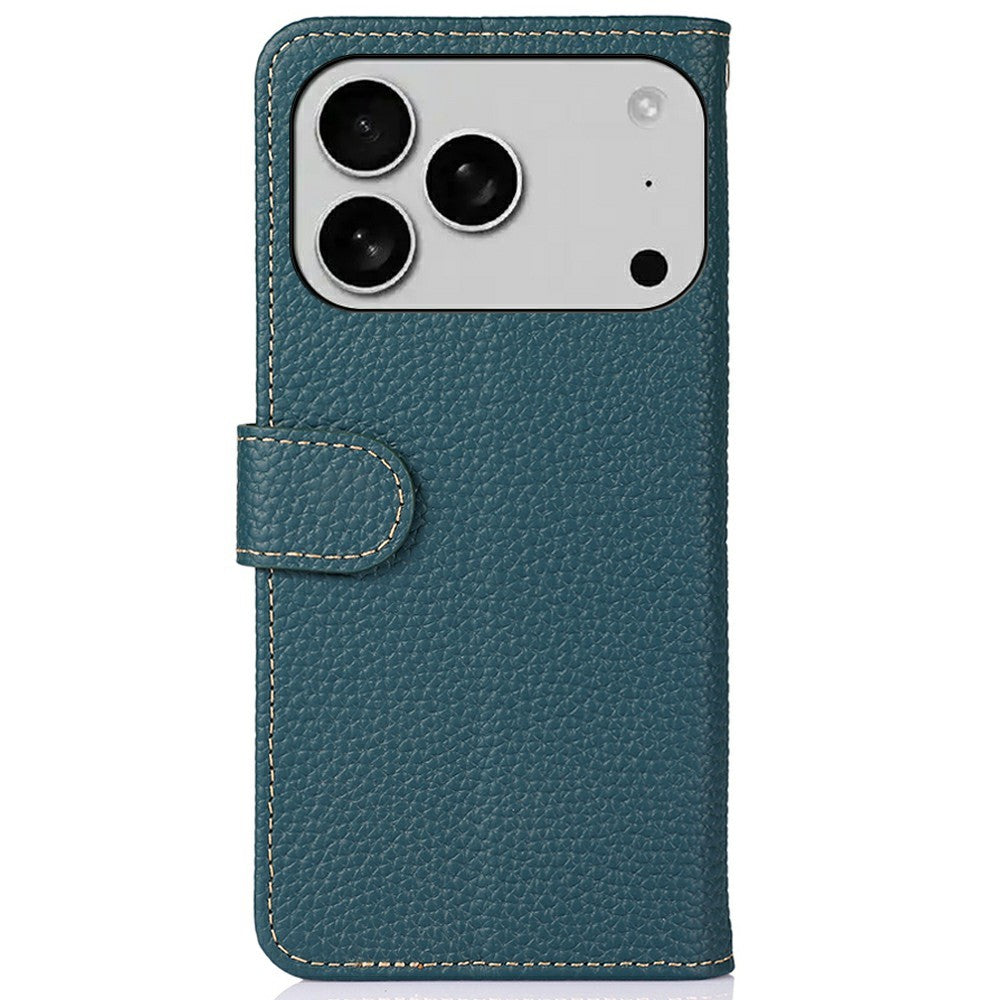 KHAZNEH For iPhone 17 Pro Max Case Litchi Texture Genuine Cow Leather Flip Phone Cover - Green