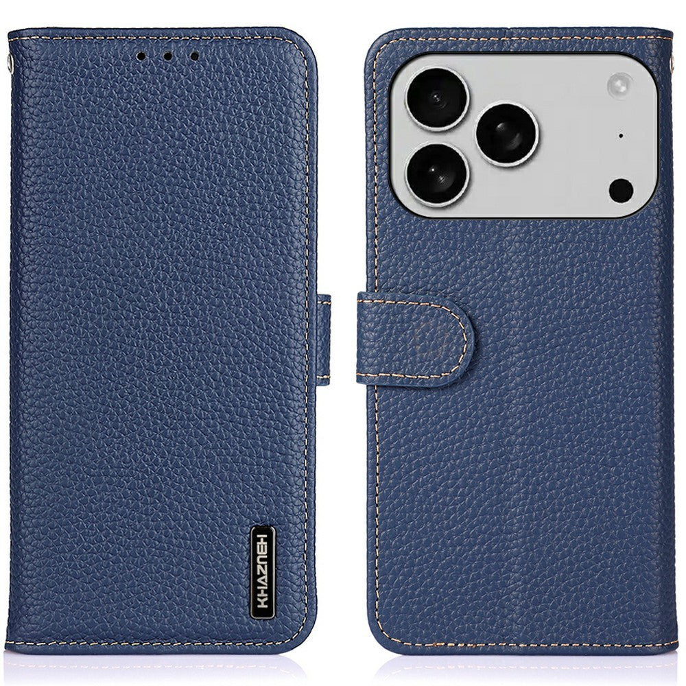 KHAZNEH For iPhone 17 Pro Max Case Litchi Texture Genuine Cow Leather Flip Phone Cover - Blue