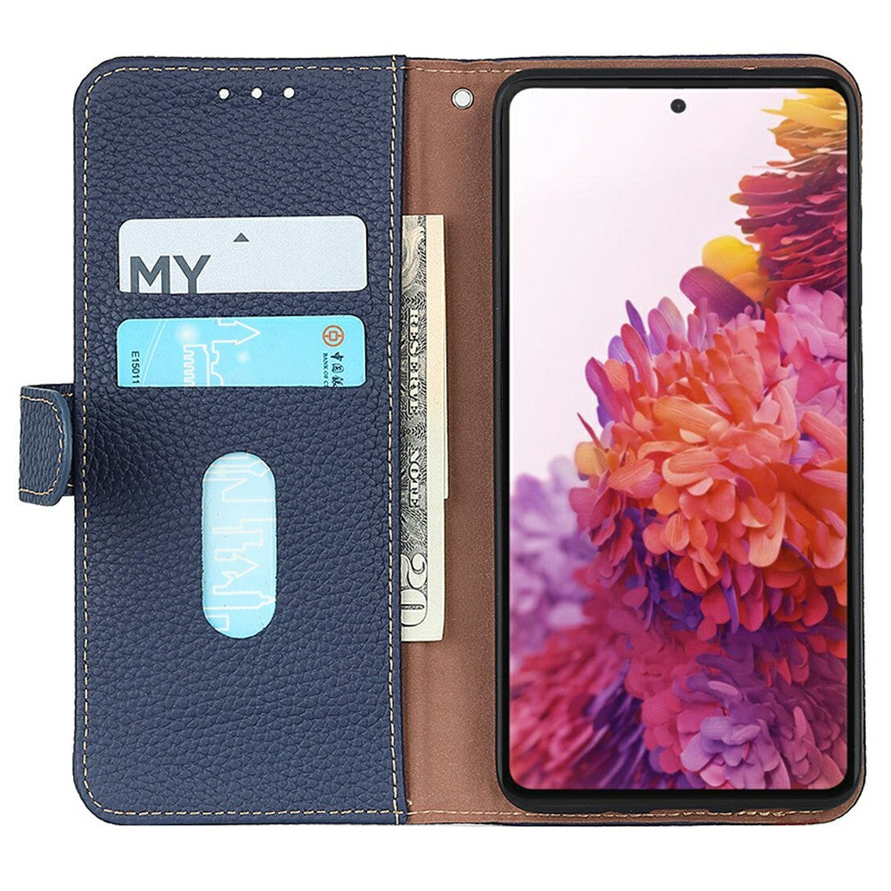 KHAZNEH For iPhone 17 Pro Max Case Litchi Texture Genuine Cow Leather Flip Phone Cover - Blue