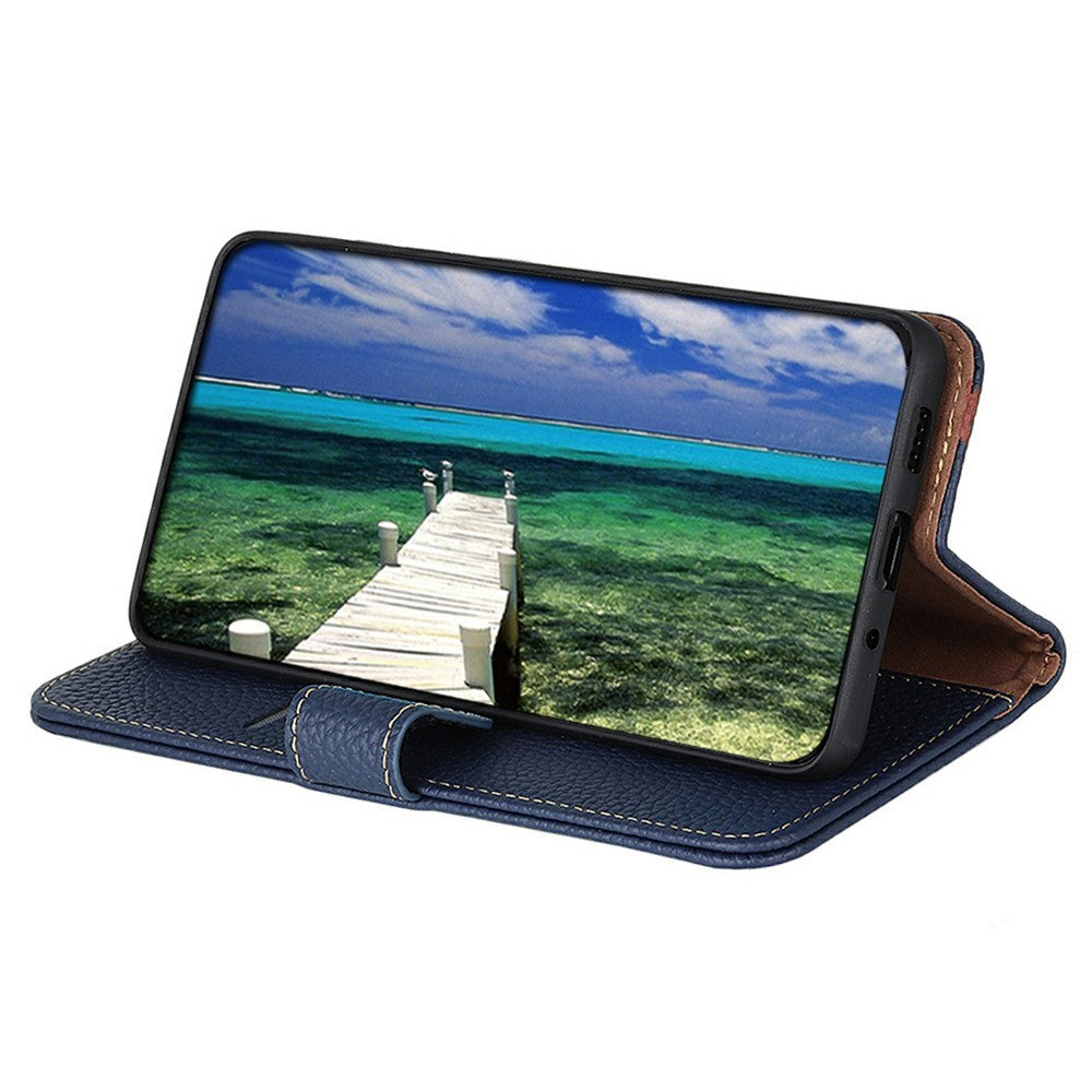 KHAZNEH For iPhone 17 Pro Max Case Litchi Texture Genuine Cow Leather Flip Phone Cover - Blue