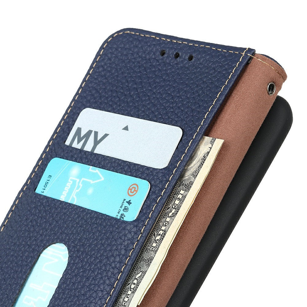 KHAZNEH For iPhone 17 Pro Max Case Litchi Texture Genuine Cow Leather Flip Phone Cover - Blue