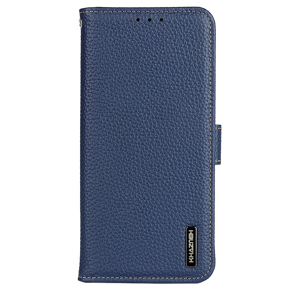 KHAZNEH For iPhone 17 Pro Max Case Litchi Texture Genuine Cow Leather Flip Phone Cover - Blue