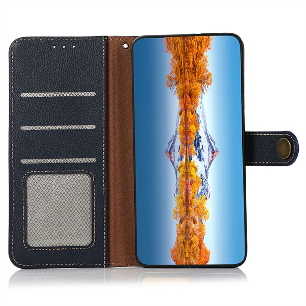 KHAZNEH for iPhone 17 Pro Max Case Genuine Cow Leather RFID Blocking Wallet Phone Cover - Blue