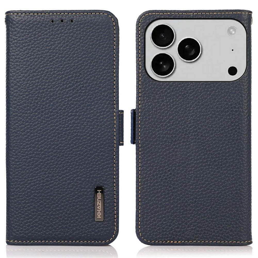 KHAZNEH for iPhone 17 Pro Max Phone Case RFID Blocking Wallet Litchi Texture Genuine Cow Leather Cover - Blue