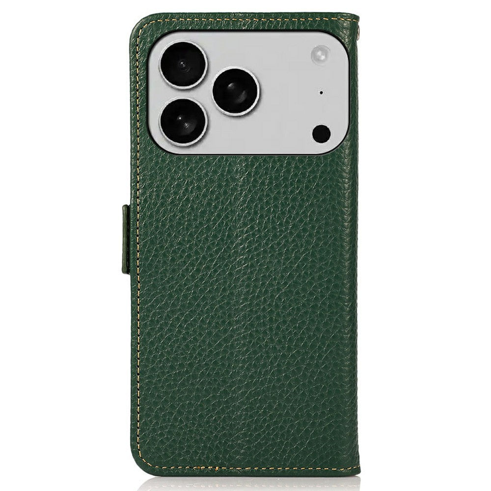 KHAZNEH for iPhone 17 Pro Max Phone Case RFID Blocking Wallet Litchi Texture Genuine Cow Leather Cover - Green