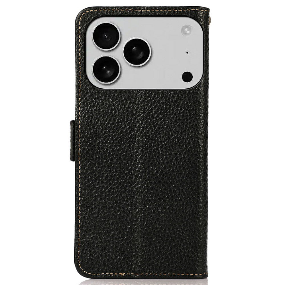 KHAZNEH for iPhone 17 Pro Max Phone Case RFID Blocking Wallet Litchi Texture Genuine Cow Leather Cover - Black