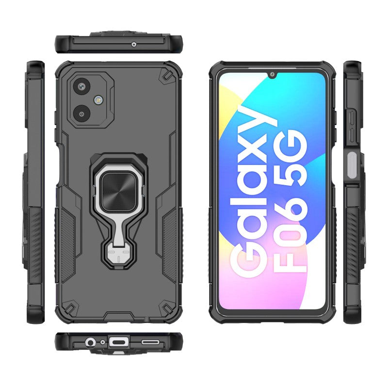 For Samsung Galaxy F06 5G Phone Case WANLONFENG PC TPU Back Cover Kickstand with Tempered Glass - Black