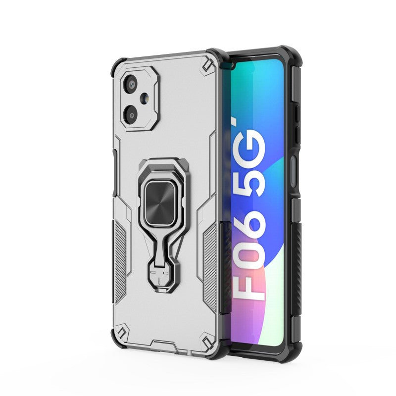 For Samsung Galaxy F06 5G Phone Case WANLONFENG PC TPU Back Cover Kickstand with Tempered Glass - Grey