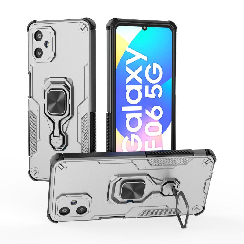For Samsung Galaxy F06 5G Phone Case WANLONFENG PC TPU Back Cover Kickstand with Tempered Glass - Grey