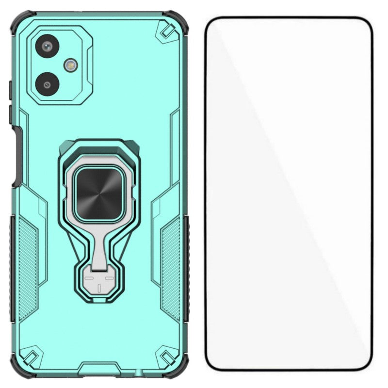 For Samsung Galaxy F06 5G Phone Case WANLONFENG PC TPU Back Cover Kickstand with Tempered Glass - Green
