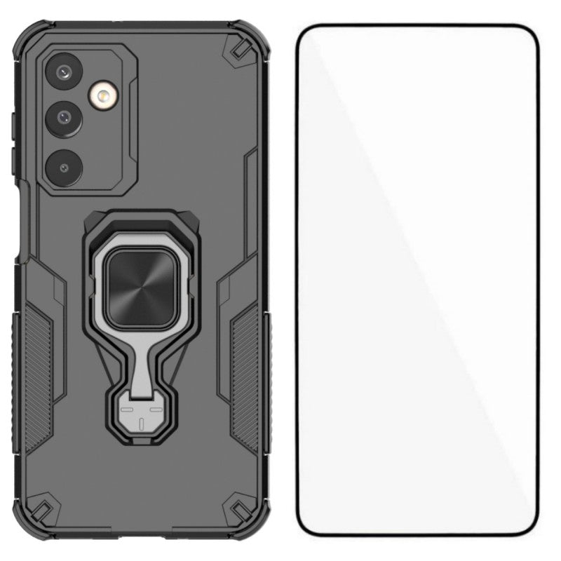 For Samsung Galaxy M16 5G Phone Case WANLONFENG PC TPU Back Cover Kickstand with Tempered Glass - Black