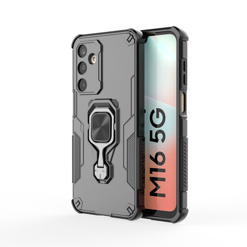 For Samsung Galaxy M16 5G Phone Case WANLONFENG PC TPU Back Cover Kickstand with Tempered Glass - Black