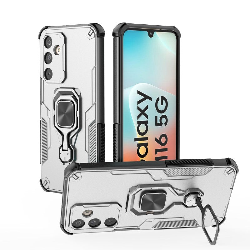 For Samsung Galaxy M16 5G Phone Case WANLONFENG PC TPU Back Cover Kickstand with Tempered Glass - Grey