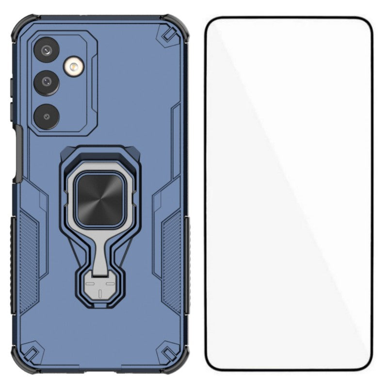 For Samsung Galaxy M16 5G Phone Case WANLONFENG PC TPU Back Cover Kickstand with Tempered Glass - Blue