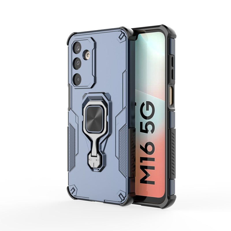 For Samsung Galaxy M16 5G Phone Case WANLONFENG PC TPU Back Cover Kickstand with Tempered Glass - Blue