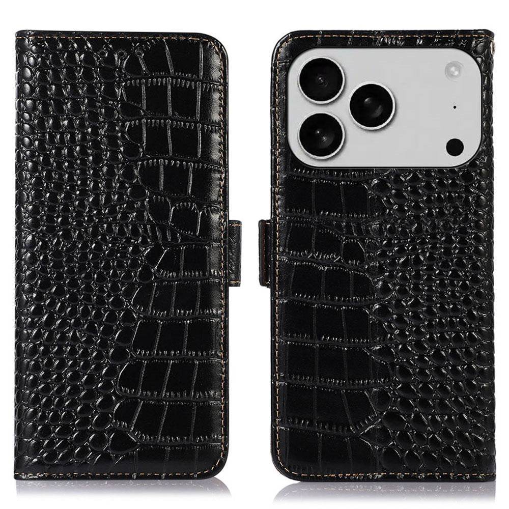 For iPhone 17 Pro Max Case Crocodile Texture Genuine Cow Leather Phone Wallet Cover - Black