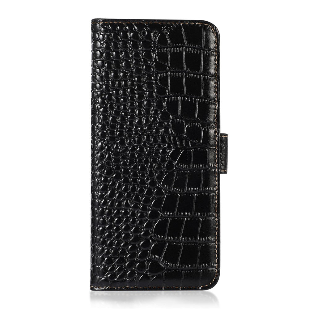 For iPhone 17 Pro Max Case Crocodile Texture Genuine Cow Leather Phone Wallet Cover - Black