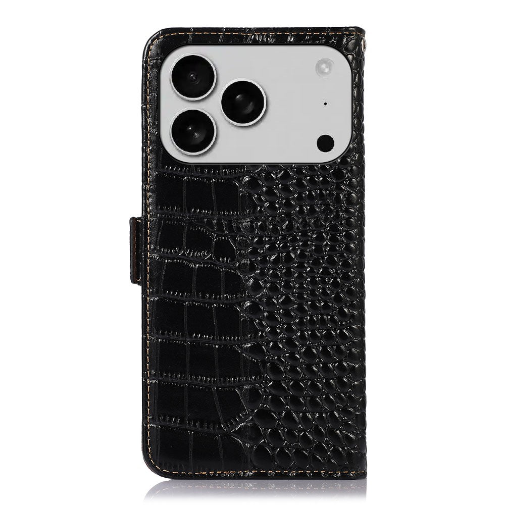 For iPhone 17 Pro Max Case Crocodile Texture Genuine Cow Leather Phone Wallet Cover - Black