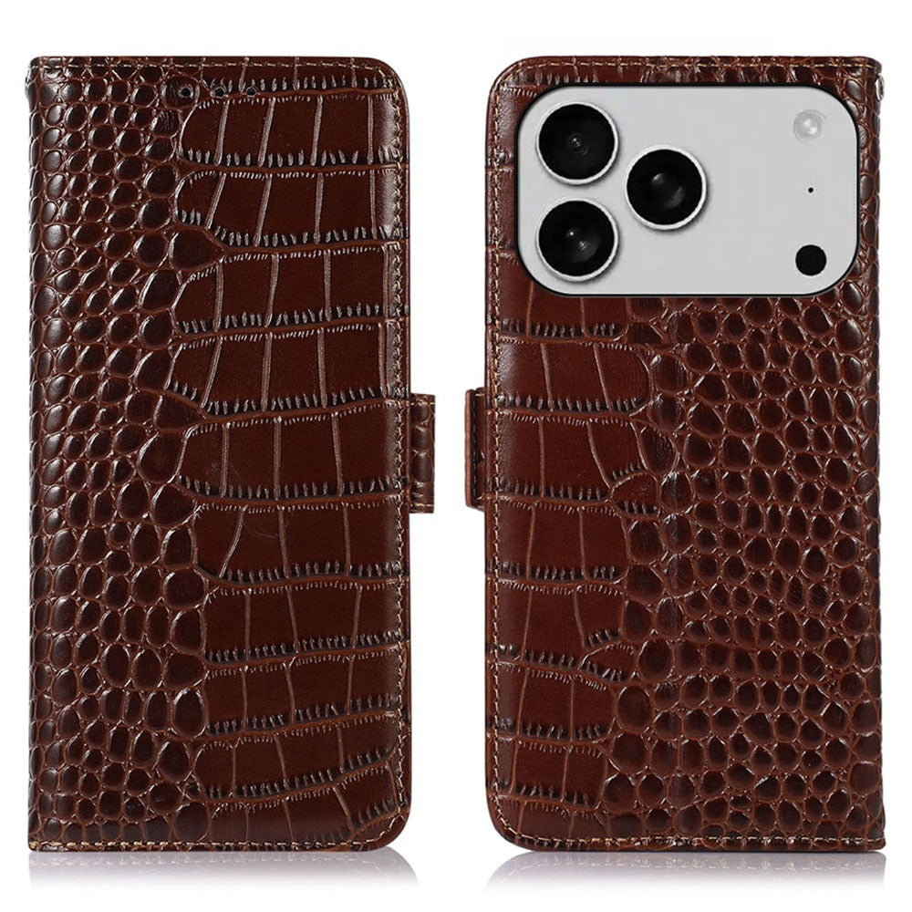 For iPhone 17 Pro Max Case Crocodile Texture Genuine Cow Leather Phone Wallet Cover - Brown