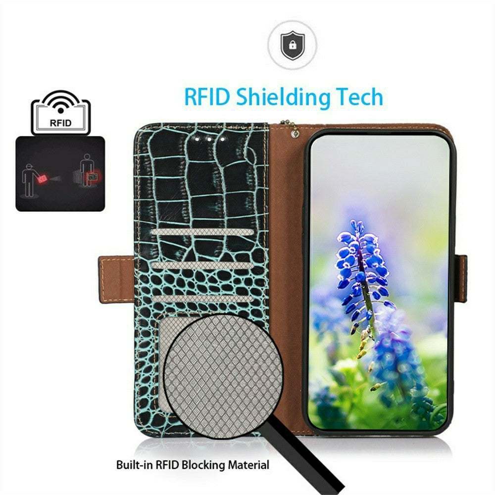 For iPhone 17 Pro Max Case Crocodile Texture Genuine Cow Leather Phone Wallet Cover - Green