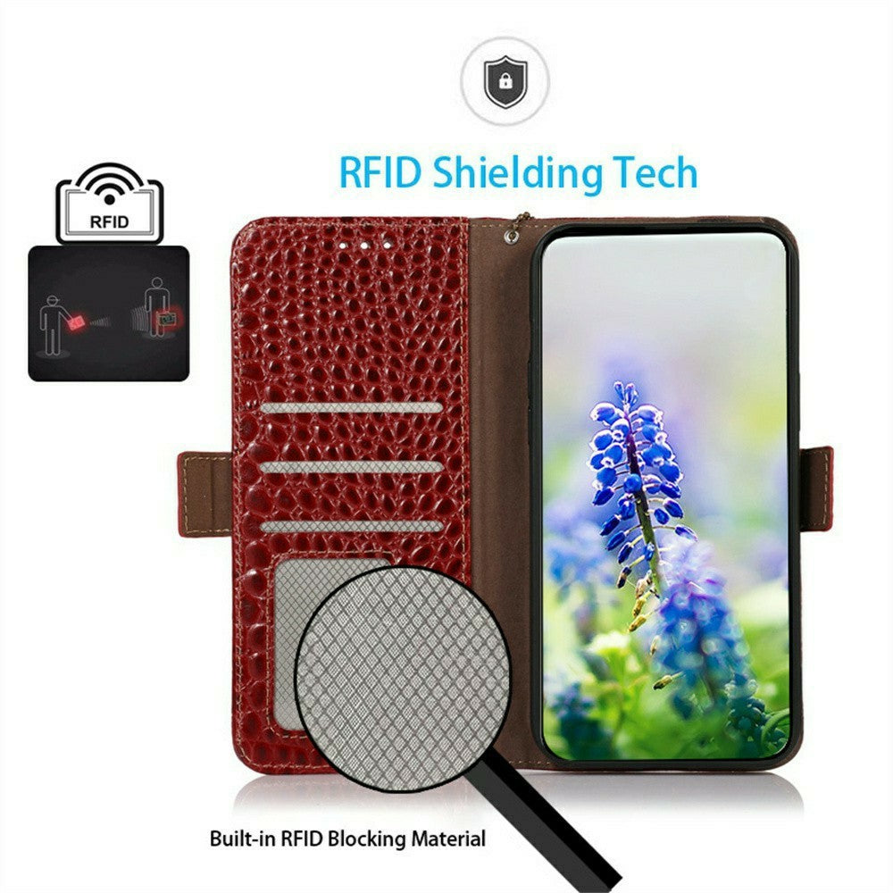 For iPhone 17 Pro Max Case Crocodile Texture Genuine Cow Leather Phone Wallet Cover - Red