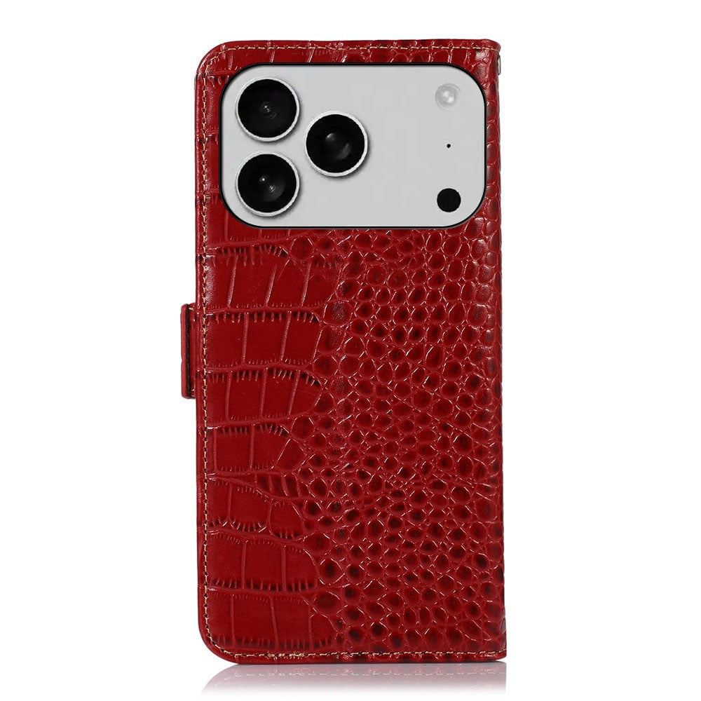 For iPhone 17 Pro Max Case Crocodile Texture Genuine Cow Leather Phone Wallet Cover - Red