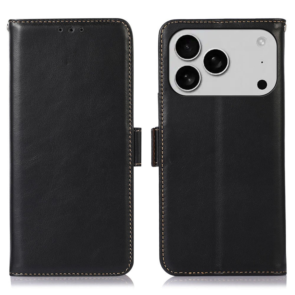 For iPhone 17 Pro Max Case RFID Blocking Genuine Cow Leather Wallet Phone Cover - Black