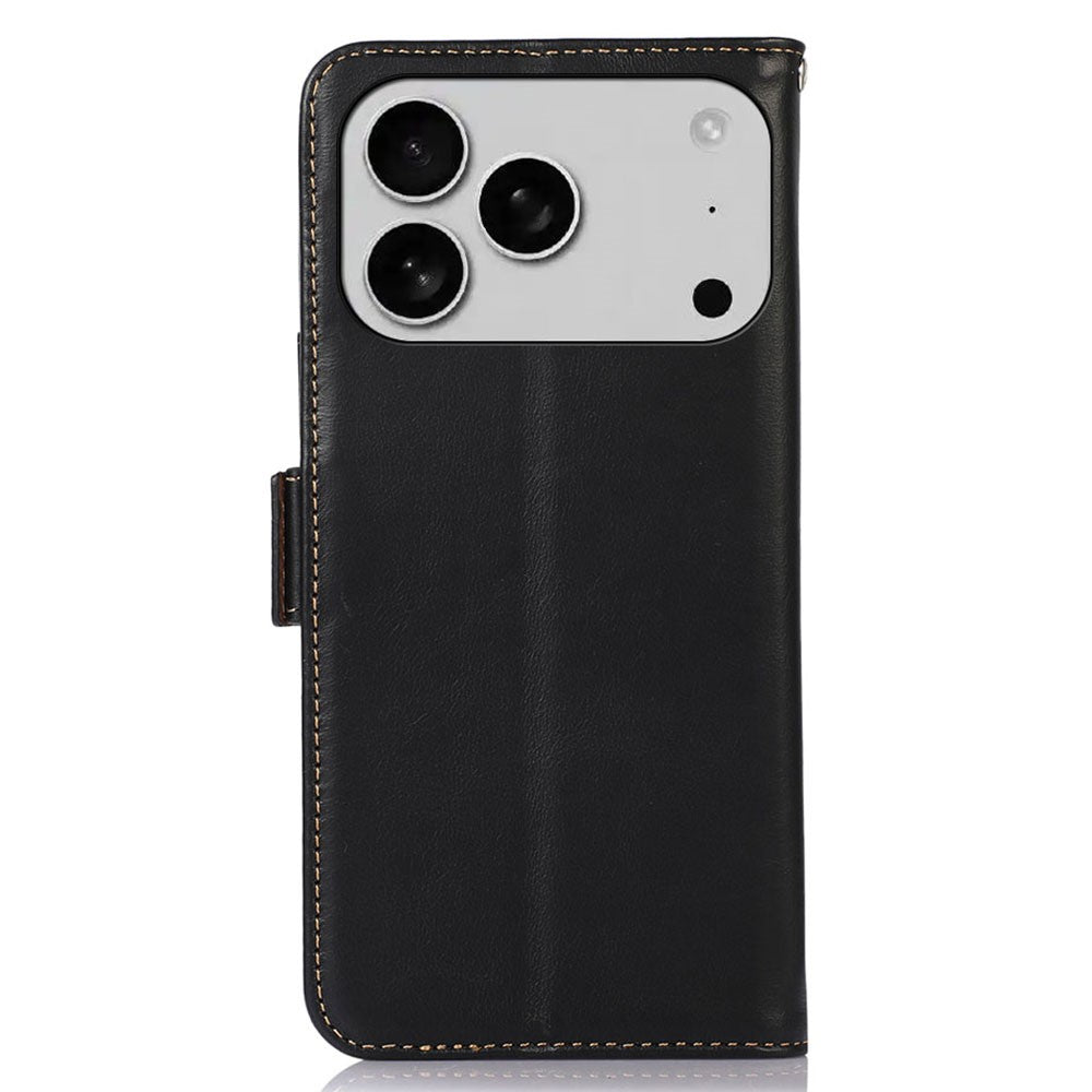 For iPhone 17 Pro Max Case RFID Blocking Genuine Cow Leather Wallet Phone Cover - Black