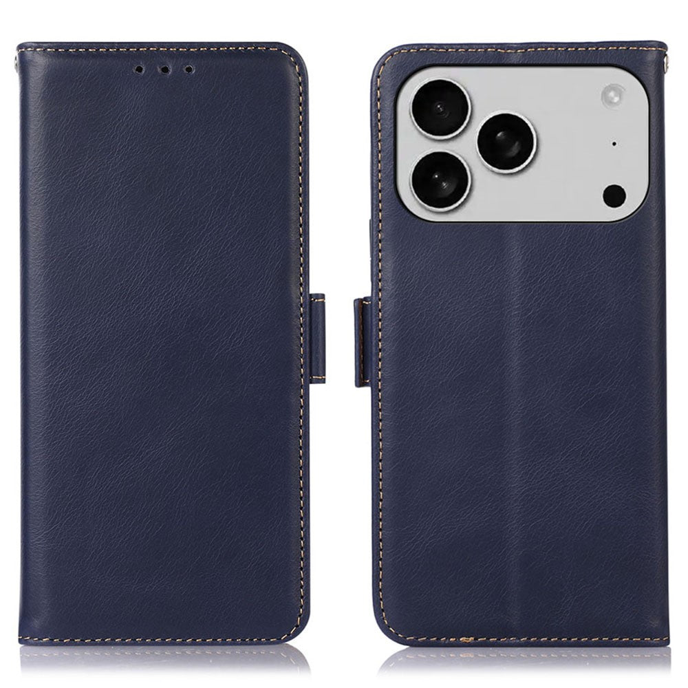 For iPhone 17 Pro Max Case RFID Blocking Genuine Cow Leather Wallet Phone Cover - Blue